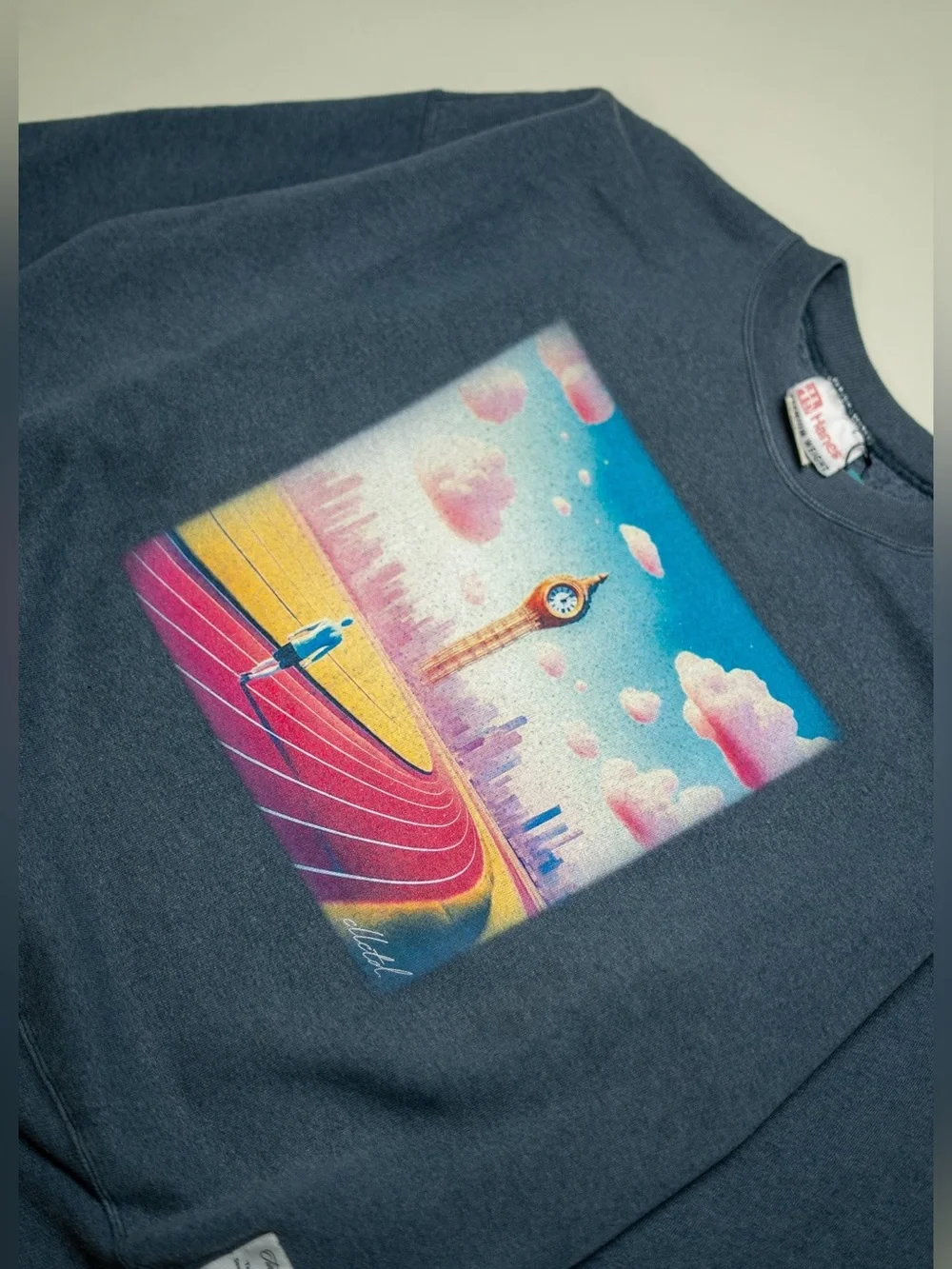 Vintage 90s Crewneck Steel Blue Hanes Sunfaded Boxy Fit Surrealism Graphic